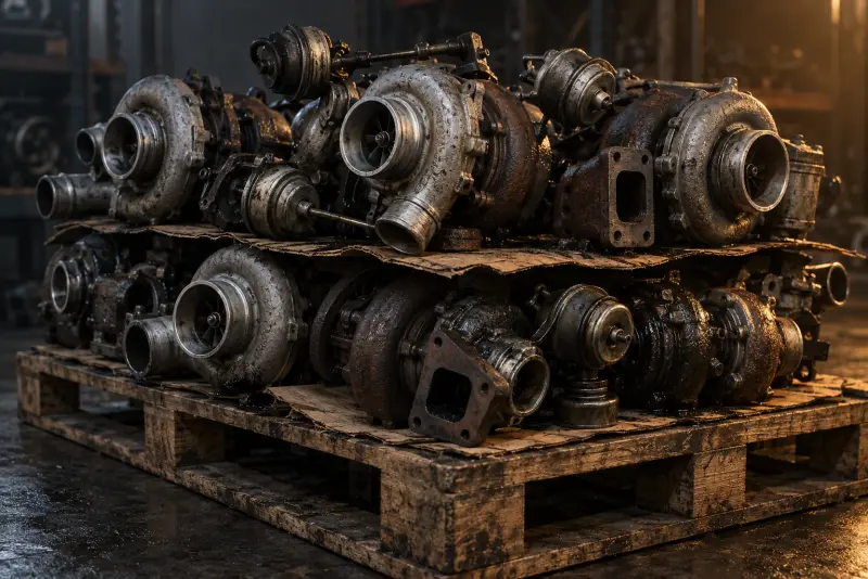 Pallet of used diesel turbo cores (illustrative photo)